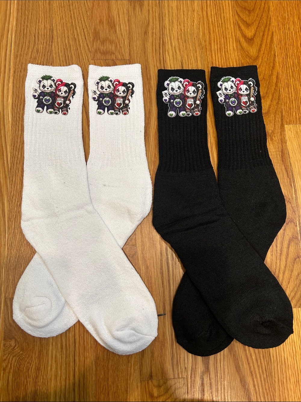 Joker Harley Quinn Horror Teddy Tall Crew Socks in Black & White Pack of 2 large